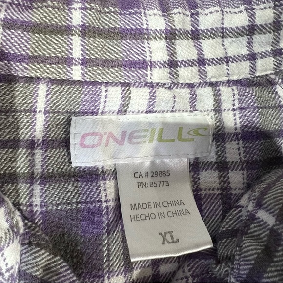O'neill Women XL Soft Flannel Button Up Shirt Purple and Gray Plaid Roll Sleeve - Picture 4 of 9